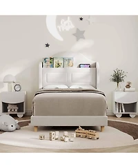 gaomon Upholstered Velvet Cute Platform Bed with Wingback, Storage Bookcase Headboard & Led Lights