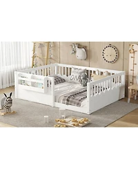 Streamdale Furniture Full Floor Bed with Fence and Bookshelf, Wood Kids Bed