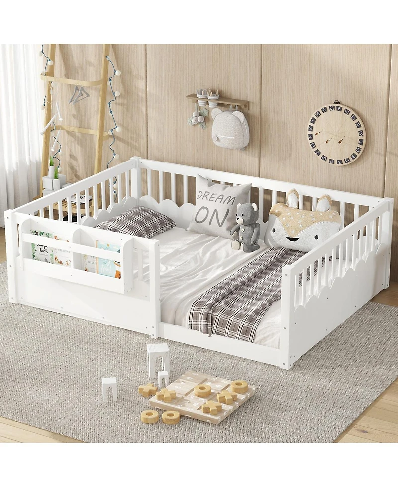 Streamdale Furniture Full Floor Bed with Fence and Bookshelf, Wood Kids Bed