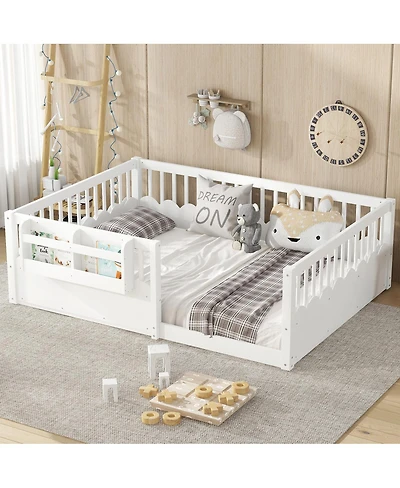 Streamdale Furniture Full Floor Bed with Fence and Bookshelf, Wood Kids Bed