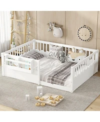 Streamdale Furniture Full Floor Bed with Fence and Bookshelf, Wood Kids Bed