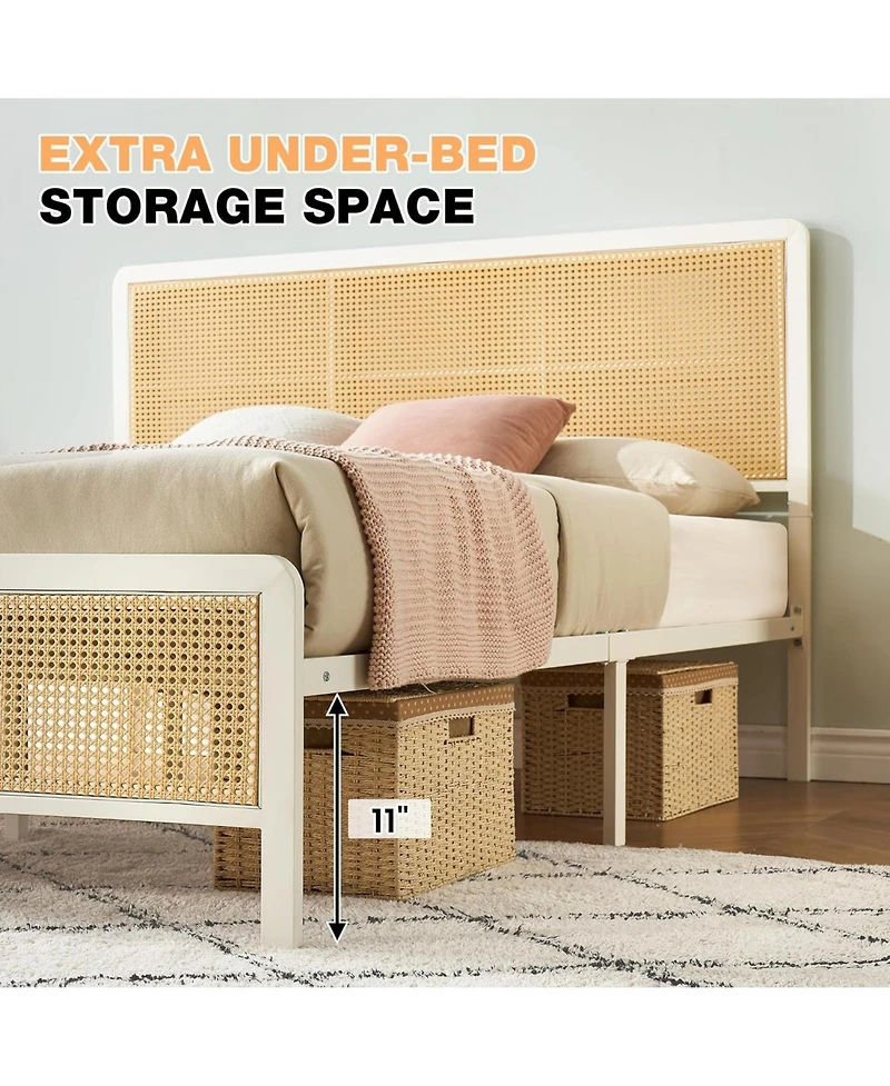 Gaomon Queen Size Rattan Bed Frame with headboard, modern boho cane design, sturdy steel slat support