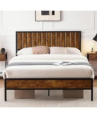 Gaomon Bed Frame With Headboard Footboard Rustic Wood Bedframe Farmhouse Platform Bed Frame With Metal Slat Wrought Rod Brown