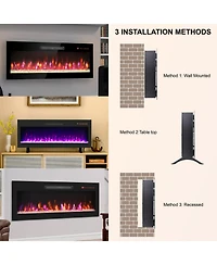 Flynama 36 inch recessed ultra thin tempered glass front wall mounted electric fireplace and multi color flame & emberbed, Led light heater