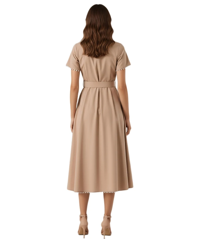 Modenaire Women's Solene Short Sleeve Collared Accent Belted Midi Dress