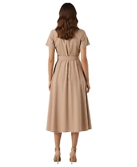 Modenaire Women's Solene Short Sleeve Collared Accent Belted Midi Dress