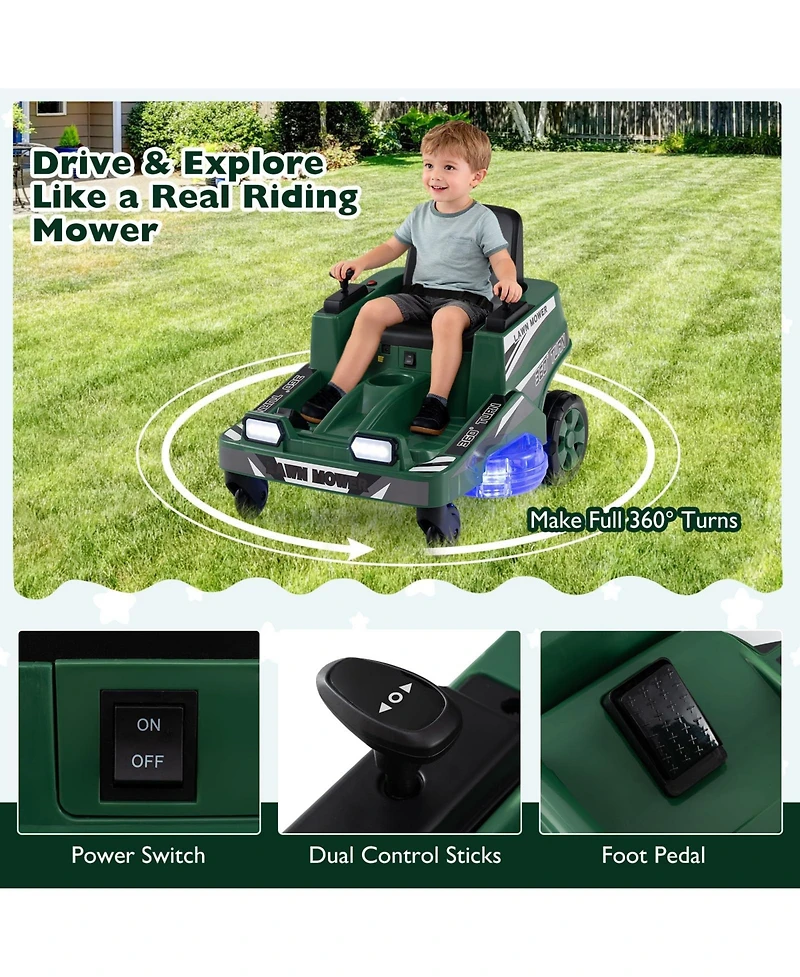 Mecale 12V Ride on Lawn Mower for Kids with Dual Control Sticks and Led Lights-Green