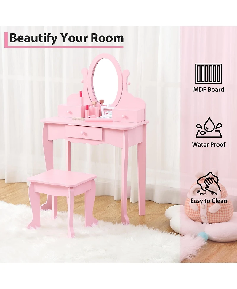 gaomon Kids Vanity Set with Adjustable Mirror & Stool,Wooden Toddler Drawers,Pretend Makeup Dressing Table for Little Girls
