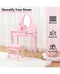 gaomon Kids Vanity Set with Adjustable Mirror & Stool,Wooden Toddler Drawers,Pretend Makeup Dressing Table for Little Girls