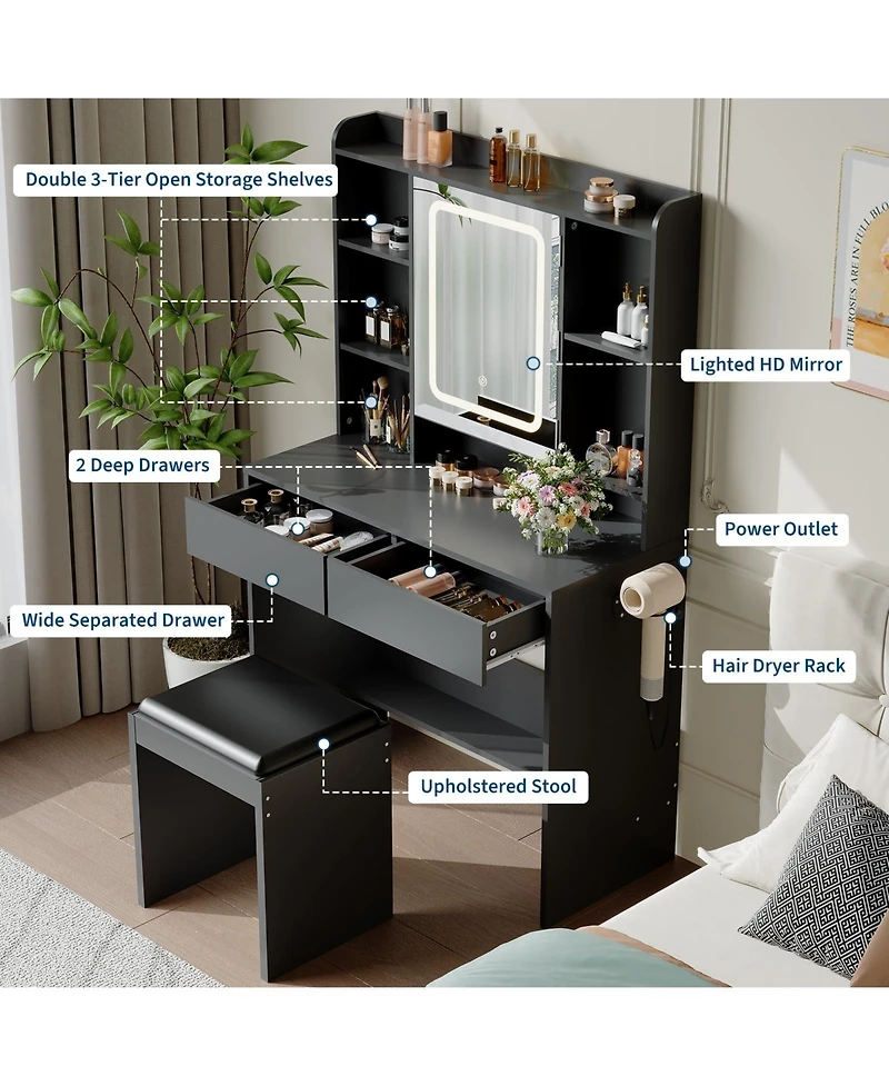 gaomon Vanity Desk with Mirror and Lights, for Bedroom, Includes Padded Stool, Easy to Assemble, Storage Drawers, Usb Outlets