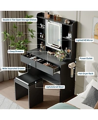 gaomon Vanity Desk with Mirror and Lights, for Bedroom, Includes Padded Stool, Easy to Assemble, Storage Drawers, Usb Outlets