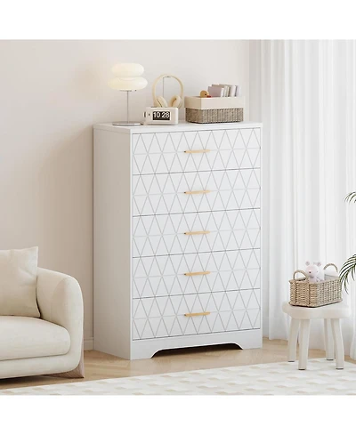 gaomon Tall Dresser for Bedroom with 5 Drawers, Wood Chest of Drawers Gold Handles, Modern Nightstand Bedside Closet, Wooden Storage Cabinet