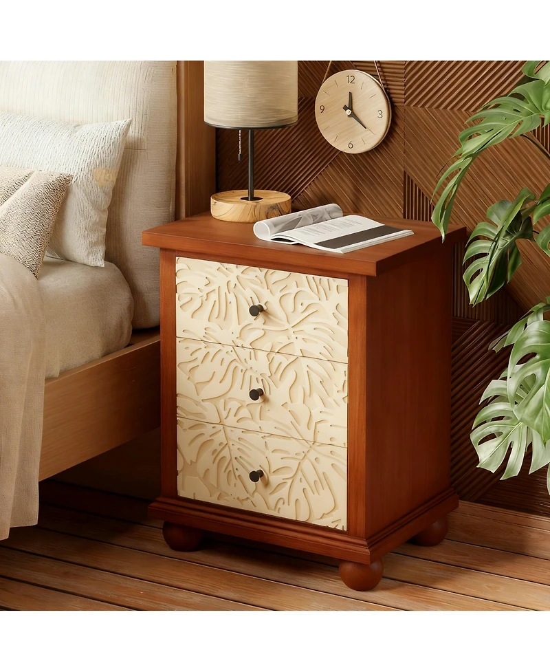 Yigii Rustic 3-Drawer Nightstand with Leaf Carvings