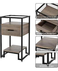 gaomon Nightstand, End Table with Storage Drawer and 3-Tier Storage & Tempered Glass Top, Bedside Furniture with Steel Frame, Easy Assembly