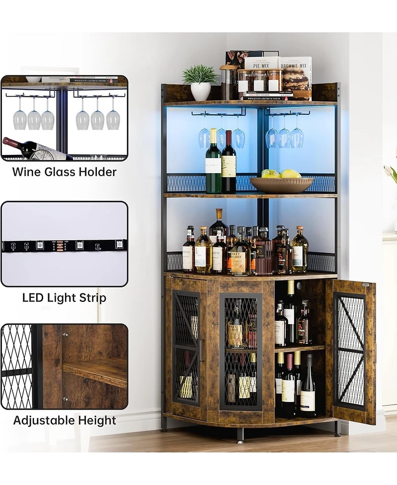 gaomon Corner Bar Cabinet with Led Strip 5-Tiers Industrial Bar Cabinet with Power Outlet & Glass Holder Wine Cabinet for Home Bar Display Cabinet