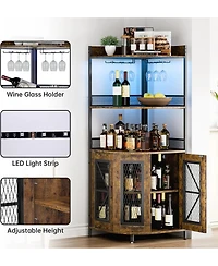 gaomon Corner Bar Cabinet with Led Strip 5-Tiers Industrial Bar Cabinet with Power Outlet & Glass Holder Wine Cabinet for Home Bar Display Cabinet