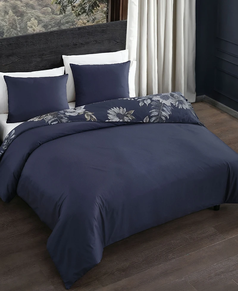 Bebejan Daisy Blue Bedding 200 Thread Count 100% Cotton Sateen 3 Piece Reversible Queen Duvet Cover Set
