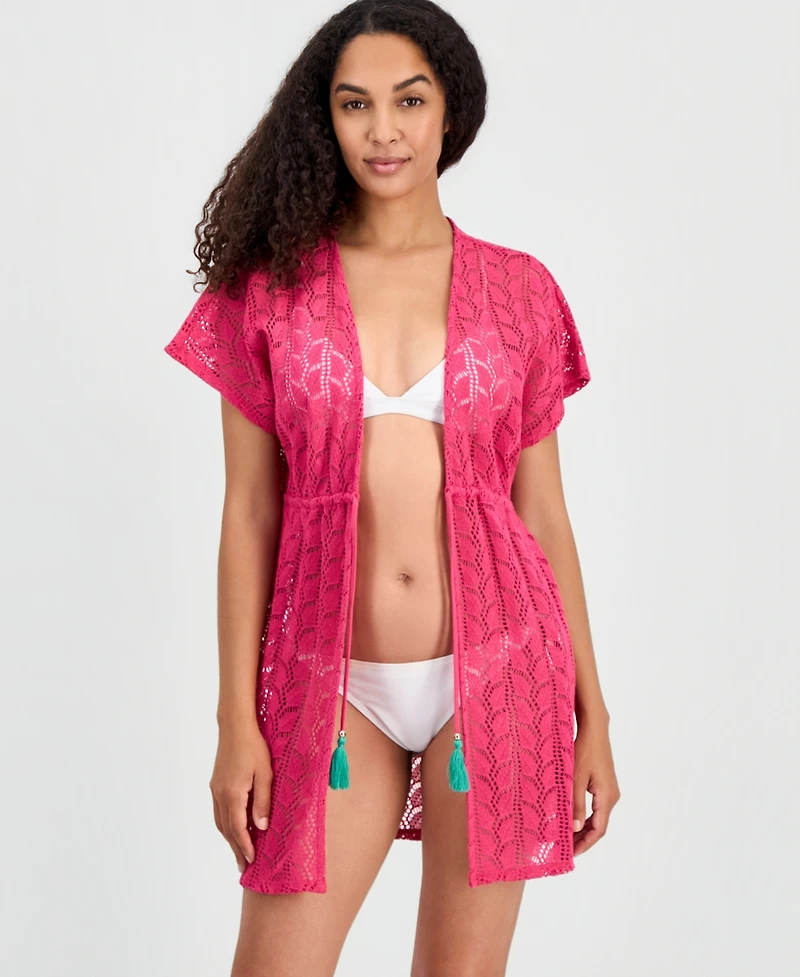 Miken Women's Crochet Tassel Short-Sleeve Swim Cover Up Kimono, Macy's Exclusive