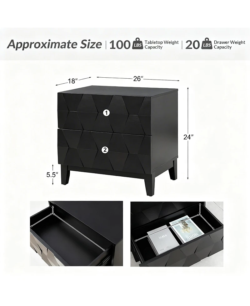 Modern 2-Drawer Side Table with Charging Station