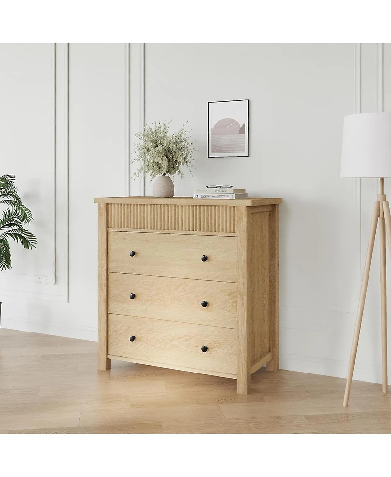 gaomon 3 Drawer Bedroom Dresser, Wooden Fluted Nightstand End Table & Storage Organizer for Living Room, Hallway, Entryway