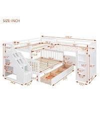 Streamdale Twin L-Shaped Bunk Bed w/ Desk, Wardrobe & 3 Drawers, White