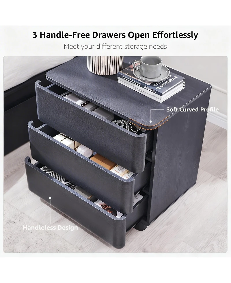 Yigii Modern Nightstand with 3 Drawers & Charging Station