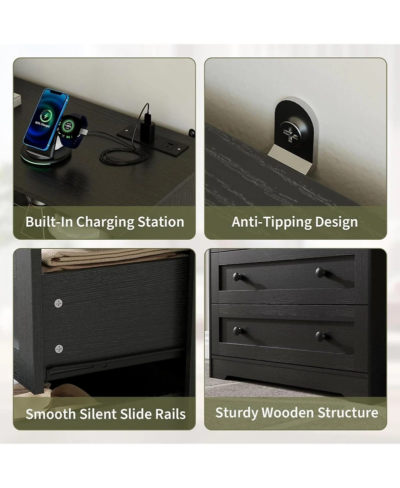 Gaomon Small Wood Dresser with 3 Drawers, Wooden Charging Station and Led Lights for Bedroom Closet Bedside Nightstand