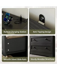 Gaomon Small Wood Dresser with 3 Drawers, Wooden Charging Station and Led Lights for Bedroom Closet Bedside Nightstand