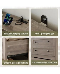 Gaomon Small Wood Dresser with 3 Drawers, Wooden Charging Station and Led Lights for Bedroom Closet Bedside Nightstand