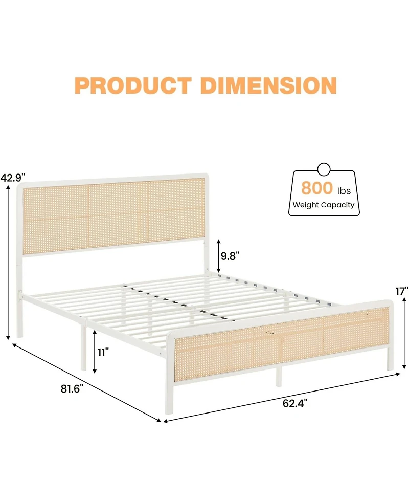 Gaomon Full Rattan Platform Bed Frame with Led Light Headboard, Modern Style Cane Boho Frames Sturdy Steel Slat Support
