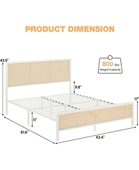 Gaomon Full Rattan Platform Bed Frame with Led Light Headboard, Modern Style Cane Boho Frames Sturdy Steel Slat Support