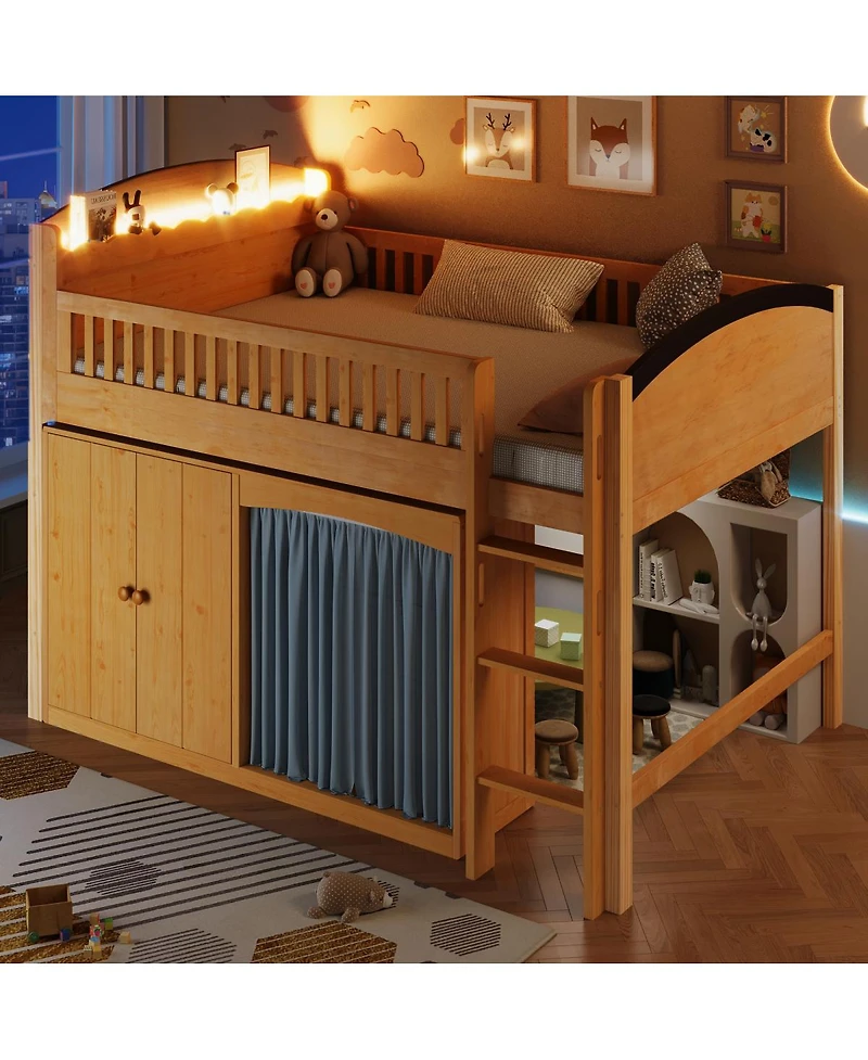 Streamdale Full Size Loft Bed with Storage Cabinet, Wardrobe & Led