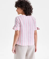 Charter Club Women's 100% Linen Split-Neck Tie-Cuff Top, Created for Macy's