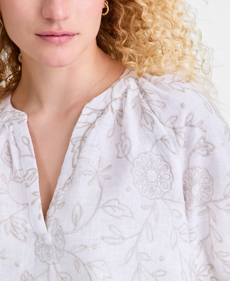 Charter Club Women's 100% Linen Embroidered Popover Blouse, Macy's Exclusive