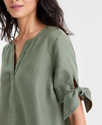 Charter Club Women's 100% Linen Split-Neck Tie-Cuff Top, Created for Macy's