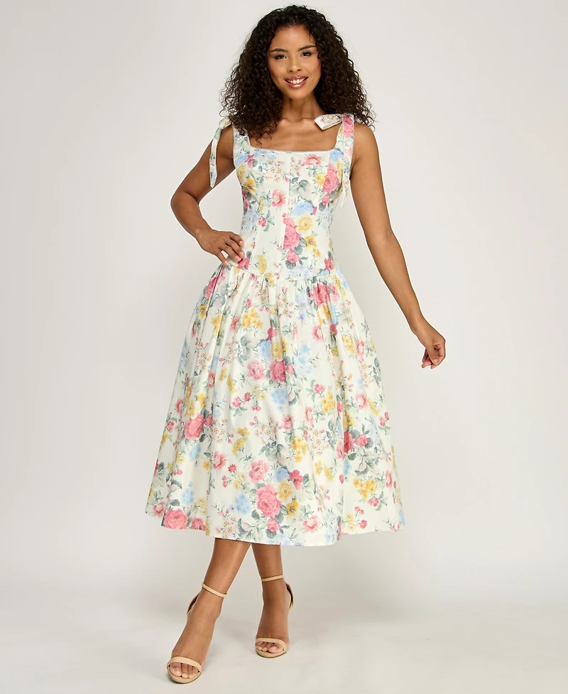 Alex & Sophia Women's Square Neck Printed Poplin Dress