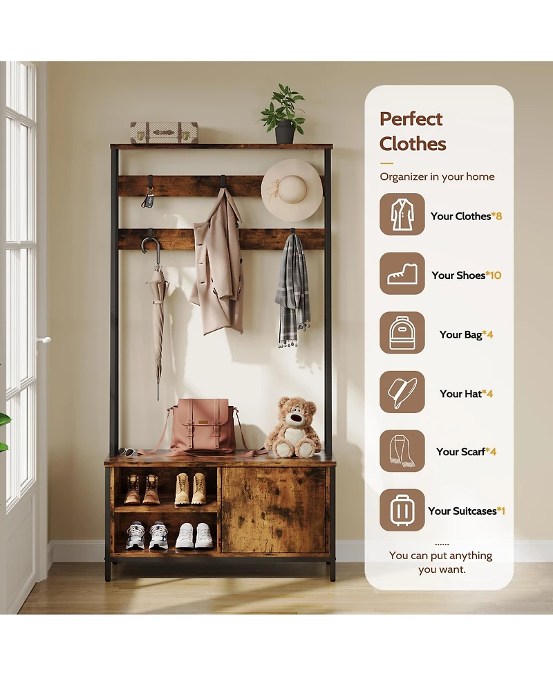 Rainsken Hall Tree with Bench and Shoe Storage, Industrial Style Coat Rack with 6 Hooks, Wood Look for Entryway, Hallway and Living Room