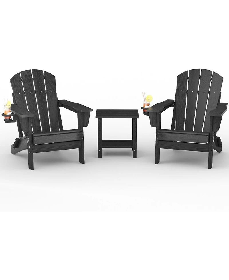 gaomon Folding Adirondack Chair Set of 2 with Side Table, Hdpe Outdoor Patio Chair with Cup Holder, All Weather Resistent Wooden Textured for patios