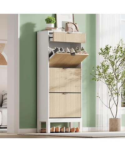 gaomon Entryway Freestanding Shoe Cabinet, 3 Flip Fluted Doors + 1 Drawer Shoe Organizer