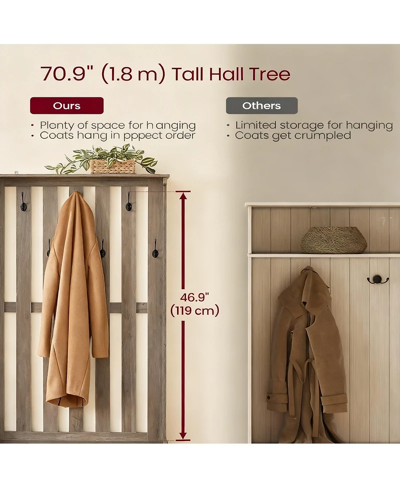 Yigii 7 Double Hooks Hall Tree with Shoe Bench and Storage