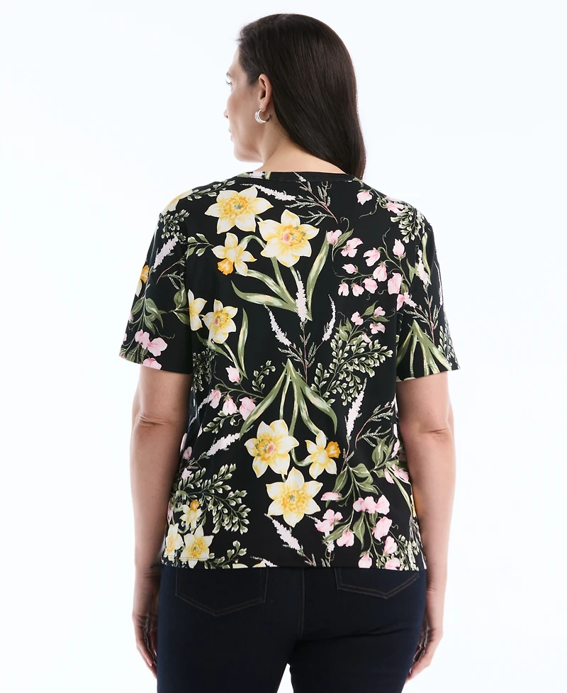 Rafaella Plus Garden Print Button Detail Short-Sleeve Top