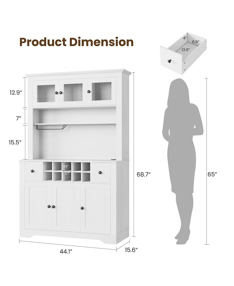 gaomon 68.7"Bar Cabinet,Kitchen Buffet with Hutch Wine with Charging Station,2 Drawers,10 Storage Shelves