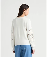 Nvlt Women's Long Sleeve Eyelet Crew Neck Sweater