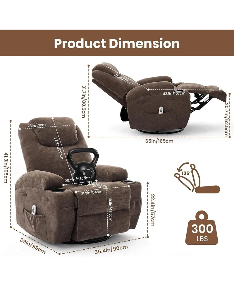 gaomon 360° Swivel Rocking Recliner Chair, Manual Fabric Nursery Recliner Glider with with Massage and Heating, Extented Footrest