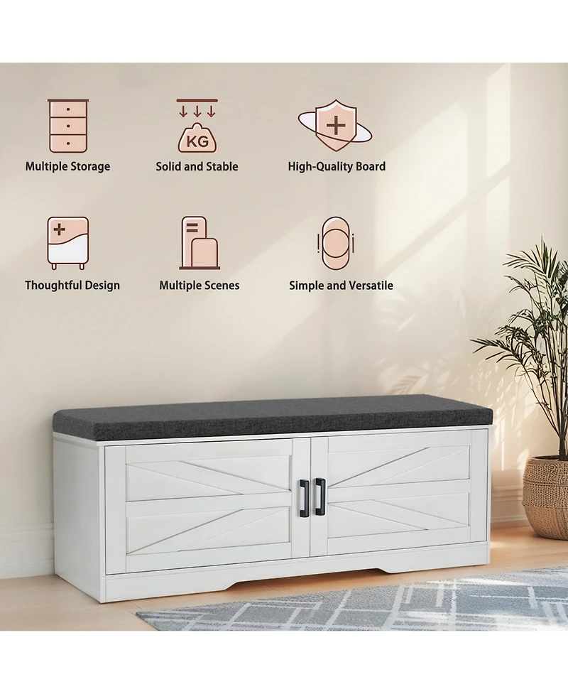 Rainsken 2-Tier Storage Bench, Modern Entryway Bench with Soft Cushions, 2 Barn Doors and 2 Adjustable Shelves for Foyer, Living Room and Hallway