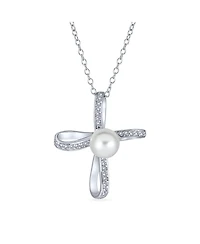 Bling Jewelry Elegant Simulated Pearl Infinity Cross Necklace & Classic 8MM Pearl Stud Earrings Jewelry Set Sterling Silver