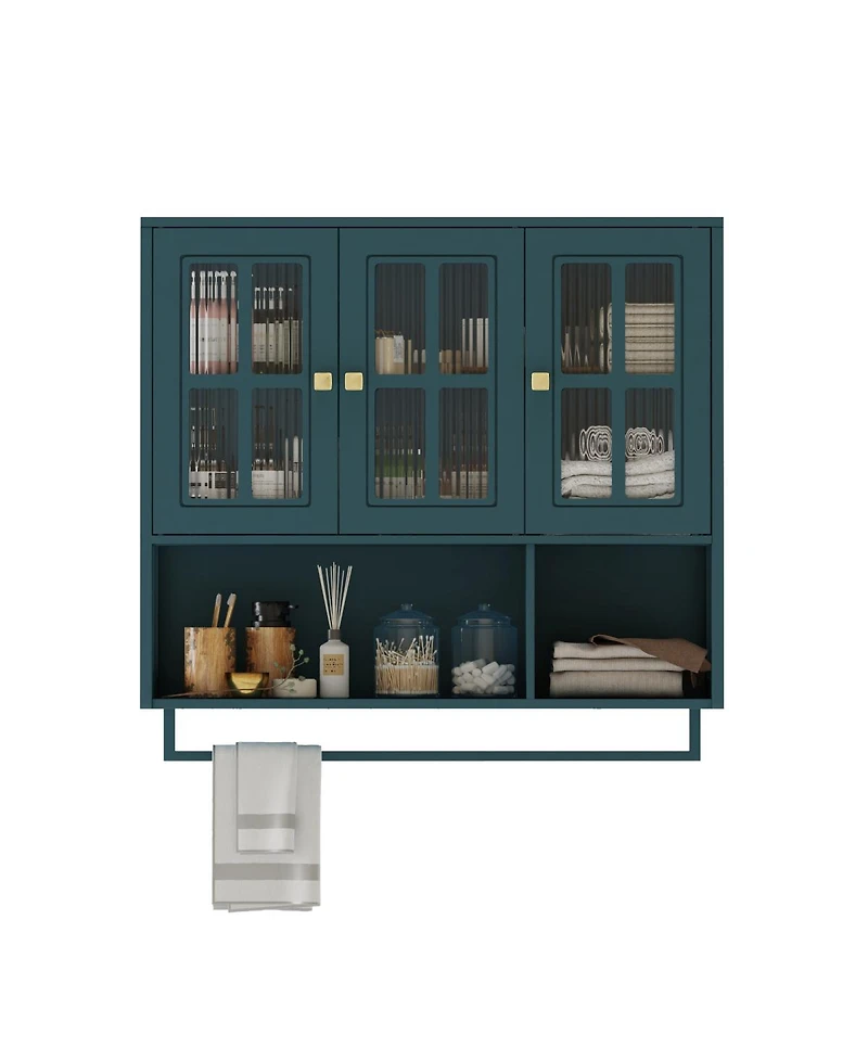 Streamdale Furniture Bathroom Wall Cabinet, 3-Door Wooden Cabinet with Open/Hidden Storage