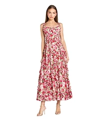 Mac Duggal Women's Petite Floral Cotton Ruffle Square Neck Ankle Dress
