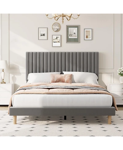 gaomon Upholstered Platform Velvet Bed Frame with Headboard,Strong Wooden Slats Support
