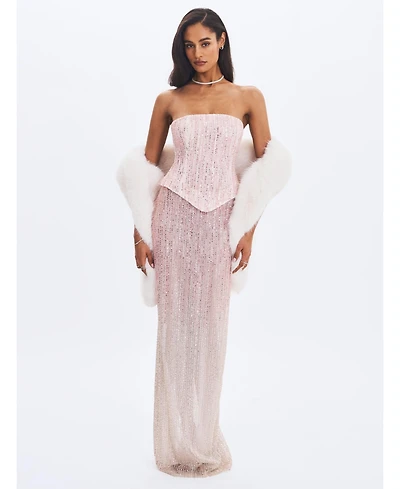 Miss Circle Women's Tosca Pink-to-White Beaded Gradient Strapless Maxi Dress